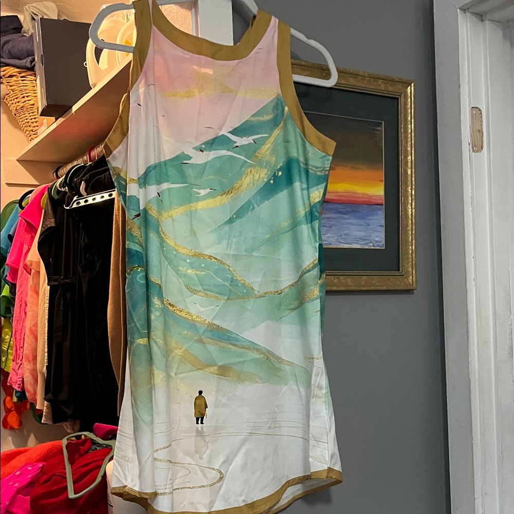 NWOT Scenic Watercolor Shift Tank Dress or beach coverup in Teal, Gold & Pink